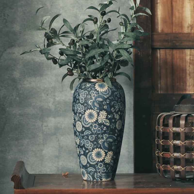 Blue floor vase with flowers