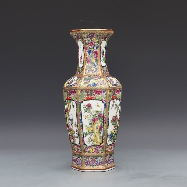 Hexagonal porcelain vase with floral pattern