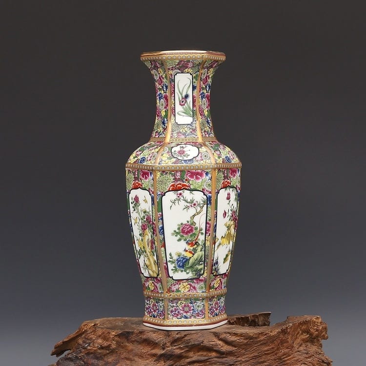 Hexagonal porcelain vase with floral pattern