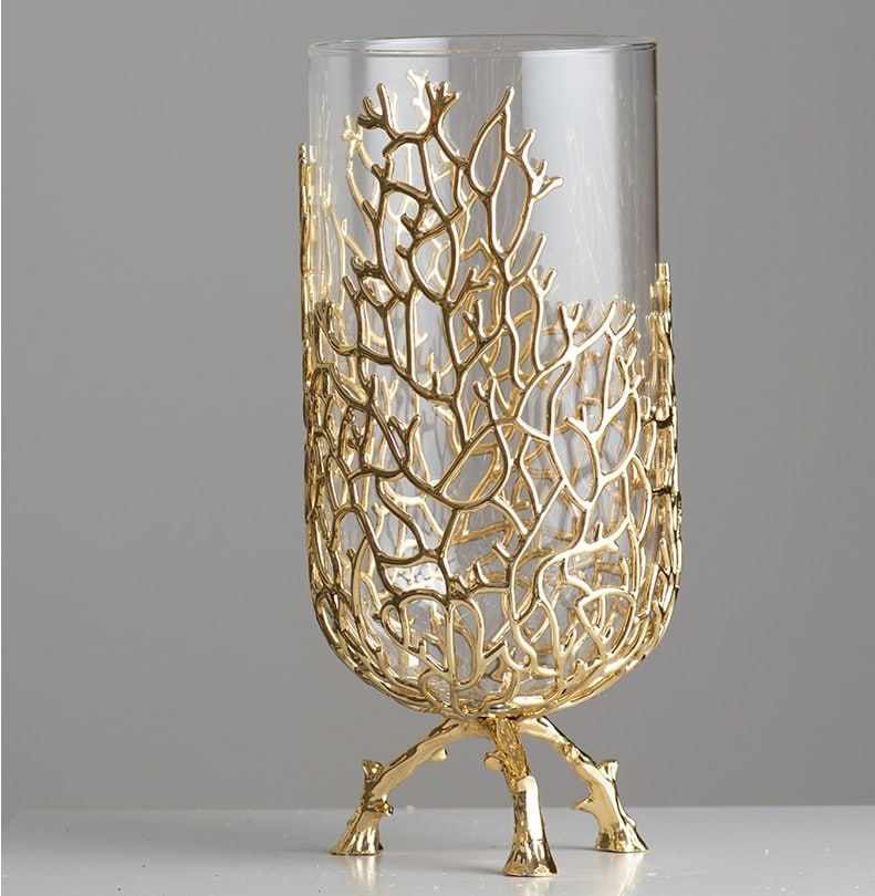 Transparent glass vase and golden coral frame