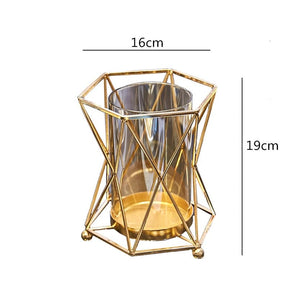 Transparent glass vase with geometric gold frame7
