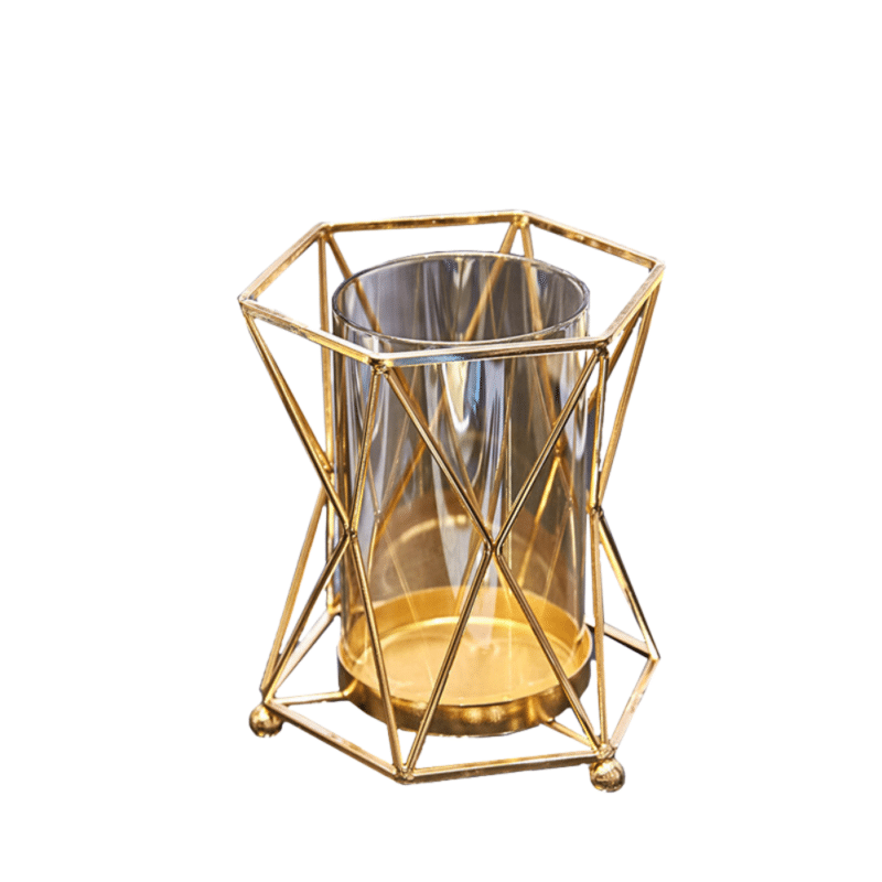 Transparent glass vase with geometric gold frame